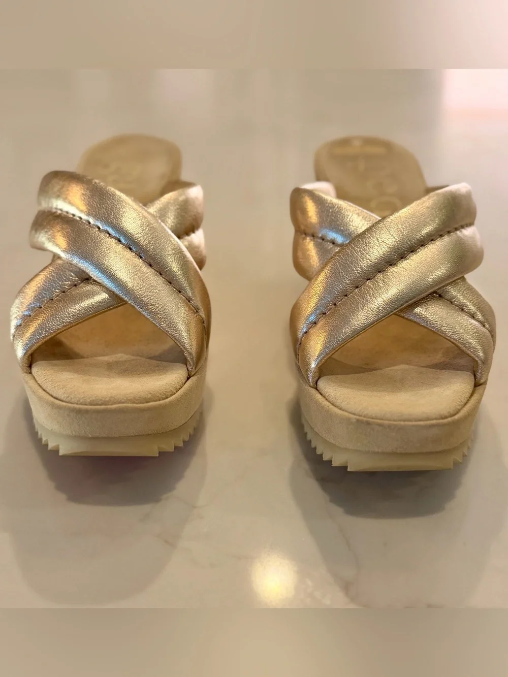 Pedro Garcia Florina Metallic Gold Crisscross Slide Wedges. Size 40EU/10US